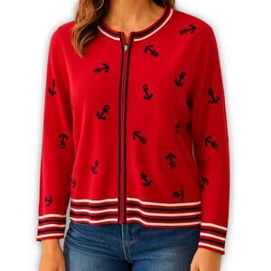 Talbots Cardigan Sweater Red Anchor Zip Cotton Petite Large